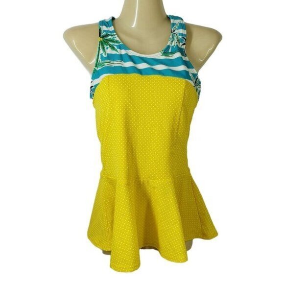 Lime Ricki Swimwear Swim Top Yellow Polka dots Blue Stripes Women's Size M - Picture 8 of 8